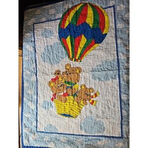 Vintage Baby Quilted Blanket Crib Bears Rainbow Hot‎ Air Balloon 34 X 43 Sweet